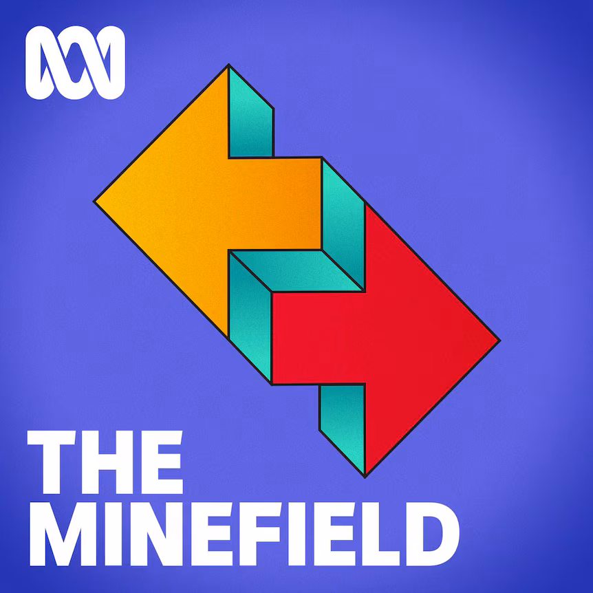 Logo for The Minefield: two overlapping arrows—one yellow and one red—pointing in opposite directions to the left and right against a purple background.